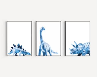 set of 3 dinosaur prints in blue, stegosaurus print, apatosaurus print, triceratops print, dinosaur print, blue dinosaur decor