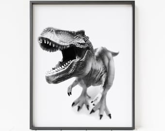 t-rex print, dinosaur wall decor, black and white dinosaur wall art, t-rex decor, dinosaur poster, roaring dinosaur print, children&#39;s decor