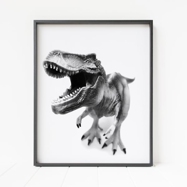 t-rex print, dinosaur wall decor, black and white dinosaur wall art, t-rex decor, dinosaur poster, roaring dinosaur print, children's decor