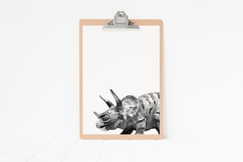 Puede incluir: Una foto en blanco y negro de un dinosaurio Triceratops en un portapapeles con un marco marr&oacute;n.