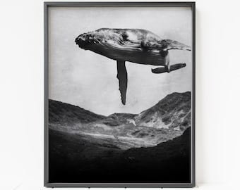 whale print, whale in sky, ocean wall art, whale decor, whale wall art, surreal art print