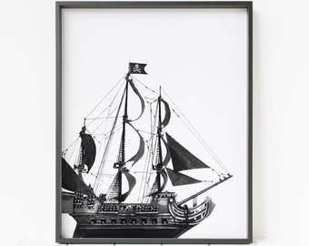 pirate ship print, pirate decor, maritime decor, clipper ship print, nautical wall art