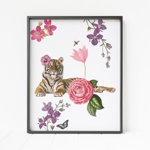 tiger print, floral print, bohemian decor, tiger wall art, printable tiger, collage print
