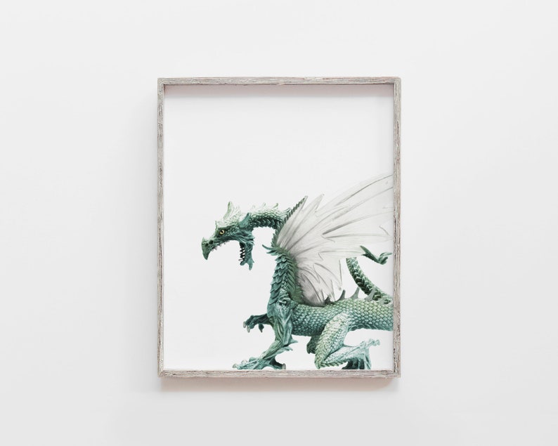 May include: A framed print of a green dragon with white wings, the dragon is in a defensive pose with its head turned to the side.