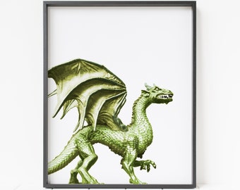 dragon print, dragon decor, green dragon wall art, dragon nursery art, fantasy decor