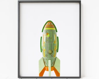 toy rocket print, outer space decor, rocket ship wall art, spaceship print