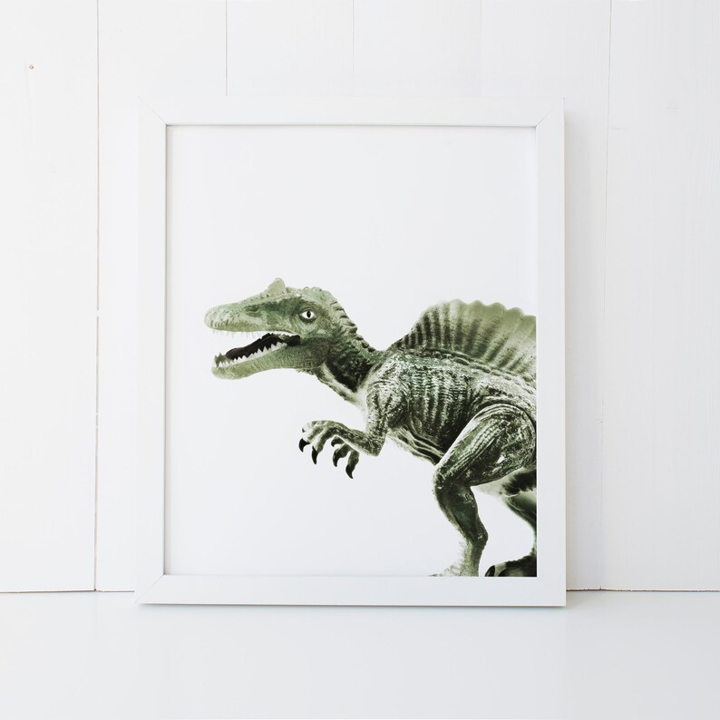 May include: A framed print of a green dinosaur with a spiky back, against a white background.
