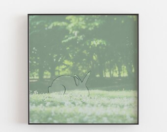rabbit print, bunny print, digital download, green wall art, square print, meadow print