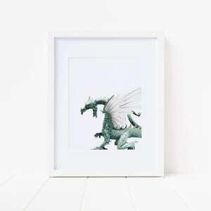 May include: A framed print of a green dragon with white wings, the dragon is in a side profile pose with its wings spread out.