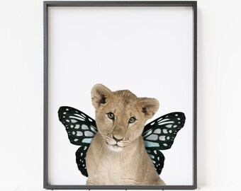 lion print, butterfly print, fairy tale decor, nursery decor, lion wall art, printable minimalist lion