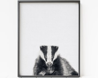 badger print, black and white badger portrait, woodland animal print, woodland nursery decor