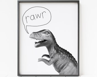 afdrukbare dinosauruskunst aan de muur, t-rex-print, grappige dinosaurusprint, zwart-witte kinderkunst