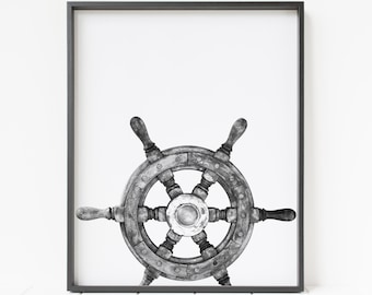 ship wheel print, pirate decor, nautical wall art, boat print, ship helm print