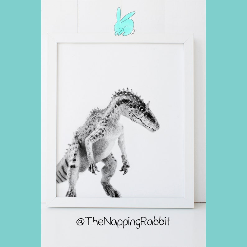 May include: Black and white photograph of a dinosaur in a white frame. The dinosaur is standing on a white background. The image is captioned with "@TheNappingRabbit".