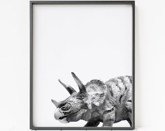 Dinosaurusprint, dinosauruskunst aan de muur, afdrukbare dinosaurusposter, triceratopsprint, kinderkamerinrichting, zwart-wit kinderkamerkunst, dinosaurusdecor