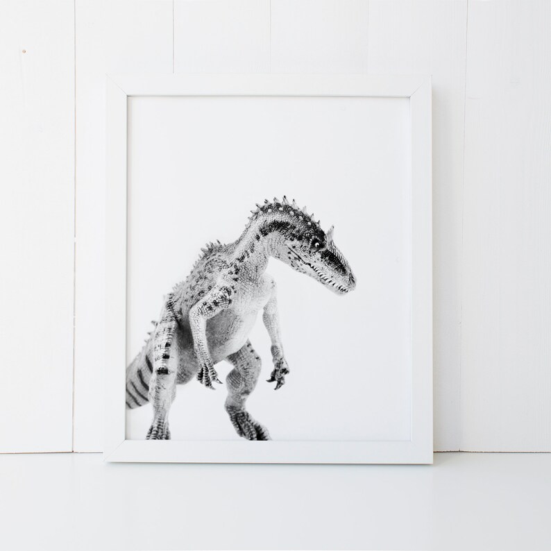 May include: Black and white photograph of a dinosaur in a white frame. The dinosaur is standing on a white background.