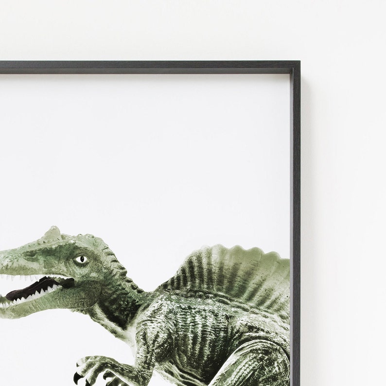 May include: A framed print of a green dinosaur with a spiky back, against a white background.