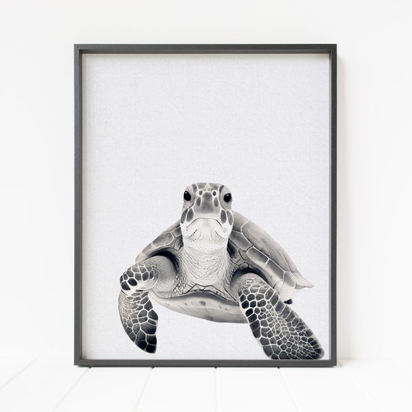 sea turtle portrait, sea turtle print, ocean animal decor, sea turtle wall art, black and white sea turtle