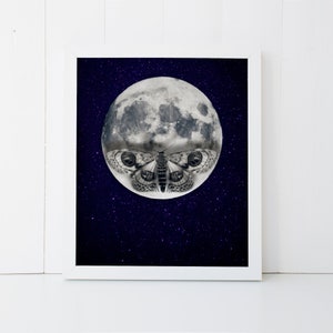 May include: A black and white image of a moth with its wings spread wide, superimposed over a full moon against a dark blue starry night sky.