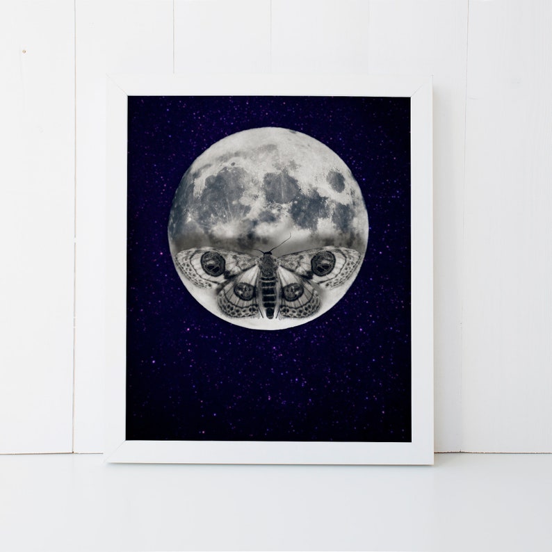 May include: A black and white image of a moth with its wings spread wide, superimposed over a full moon against a dark blue starry night sky.
