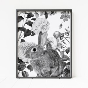 rabbit print, bunny print, woodland nursery decor, floral print, printable rabbit wall art