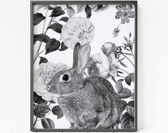 rabbit print, bunny print, woodland nursery decor, floral print, printable rabbit wall art