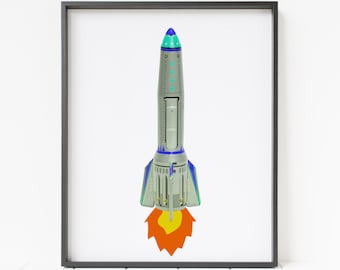 rocket ship print, rocket ship decor, outer space decor, rocket wall art, outer space nursery