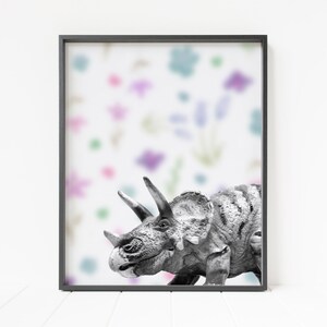 triceratops print, dinosaur wall decor, dinosaur art, nursery decor, floral wall art