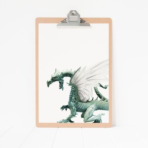 May include: A green dragon with white wings is depicted on a white background. The dragon is in a standing position with its wings spread out. The dragon has a long tail and sharp claws.