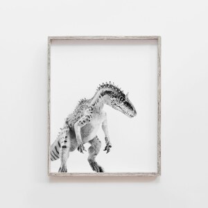 May include: Black and white photograph of a dinosaur in a simple wooden frame. The dinosaur is standing on a white background.
