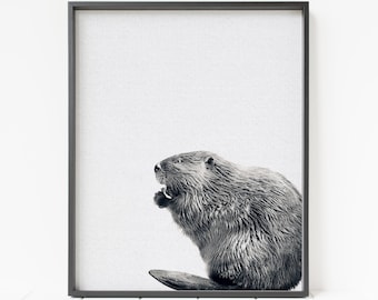 printable beaver print, woodland animal nursery decor, black and white beaver wall art, woodland animal art