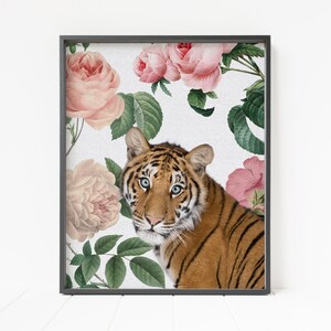 tiger print, nursery animal print, floral animal wall art, bold floral print, maximalist decor