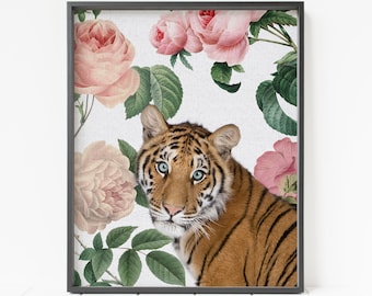 tiger print, nursery animal print, floral animal wall art, bold floral print, maximalist decor