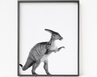 Dinosaurietryck med parasaurolophus - svartvit barnrumsdekoration (digital nedladdning)
