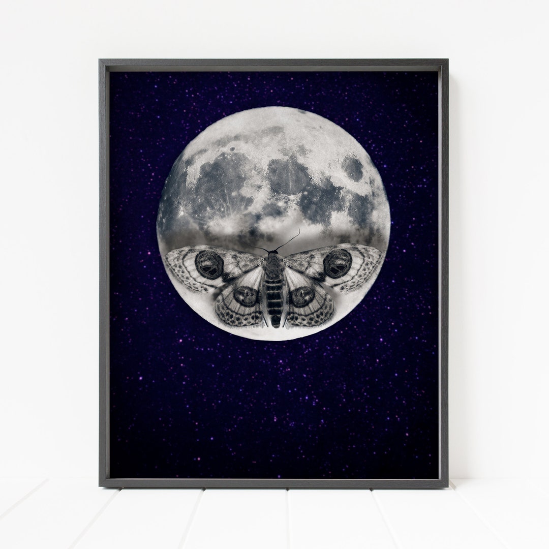 Moth Print, Moon Print, Moth Wall Art, Moon Wall Art, Outer Space Decor ...