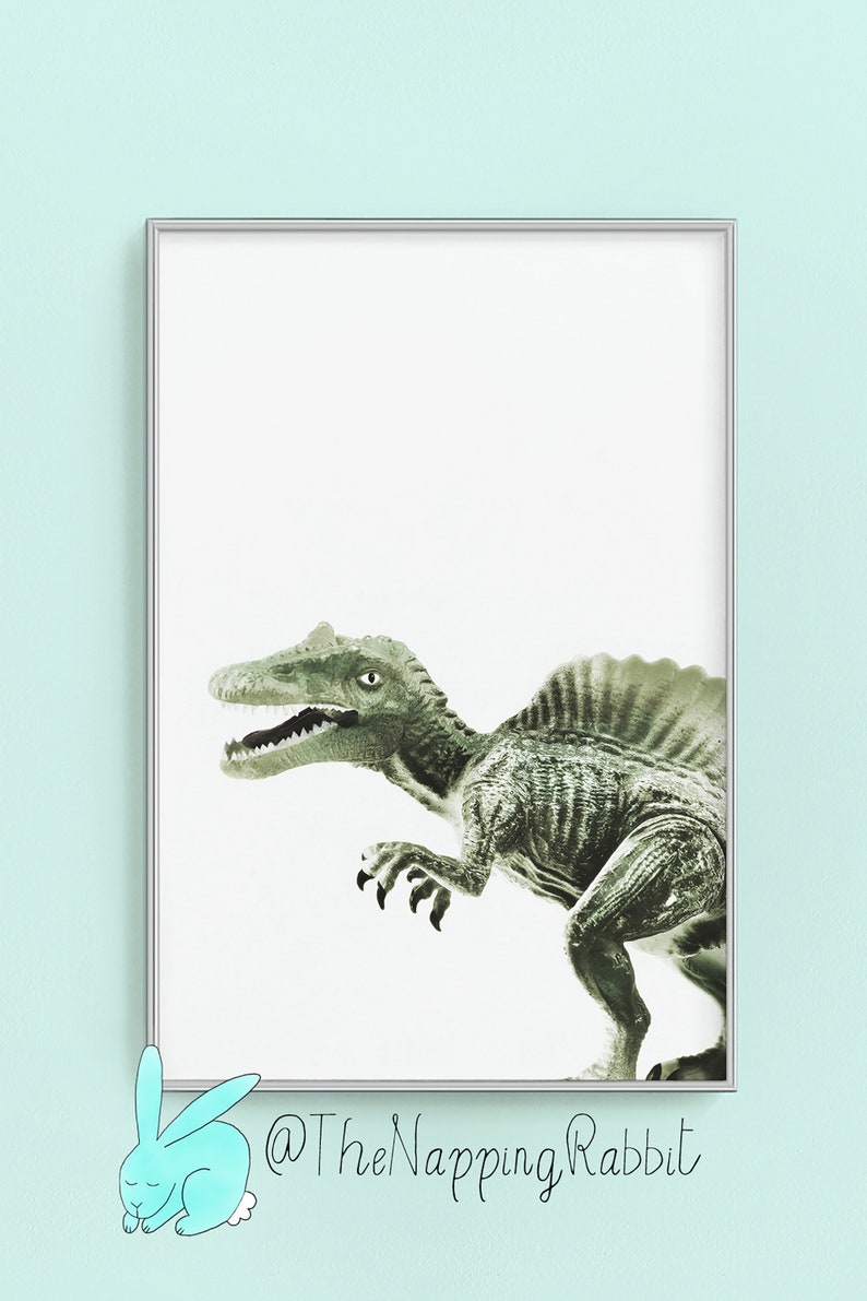 May include: A framed print of a green dinosaur with a white background. The dinosaur is facing the right side of the image. The frame is silver.