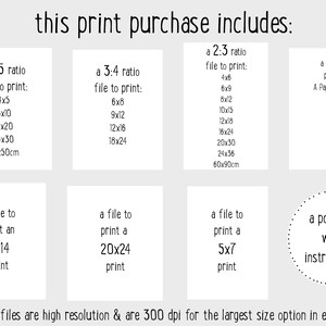 May include: This digital print purchase includes files for printing in various ratios: 4:5, 3:4, and 2:3. The largest size option in each ratio is 300 dpi.  The purchase also includes a file for printing A Paper Sizes (A5, A4, A3, A2, A1) and a PDF file with instructions.