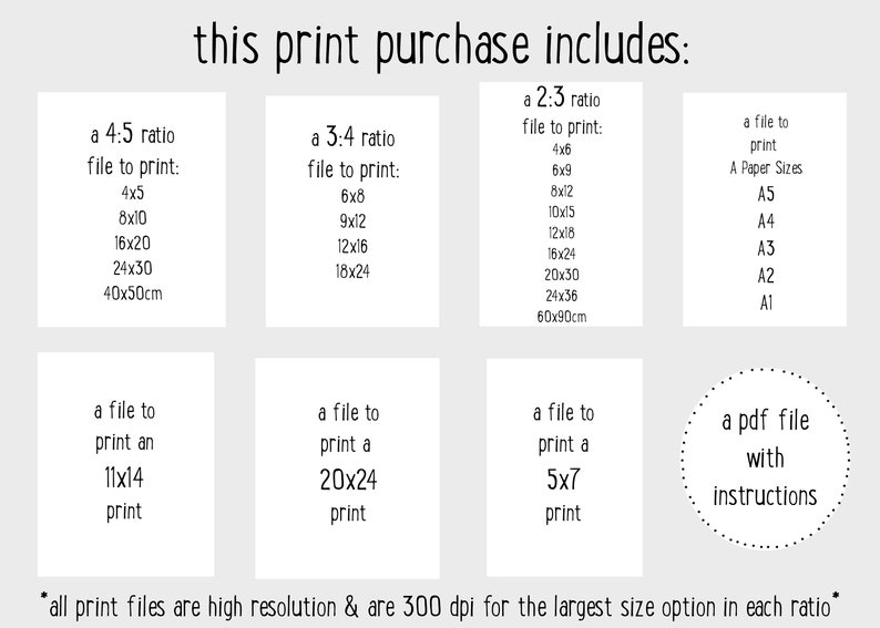 May include: This digital print purchase includes files for printing in various ratios: 4:5, 3:4, and 2:3. The largest size option in each ratio is 300 dpi.  The purchase also includes a file for printing A Paper Sizes (A5, A4, A3, A2, A1) and a PDF file with instructions.