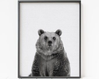 bear print, printable bear, black and white brown bear, woodland animal decor, bear nursery wall art