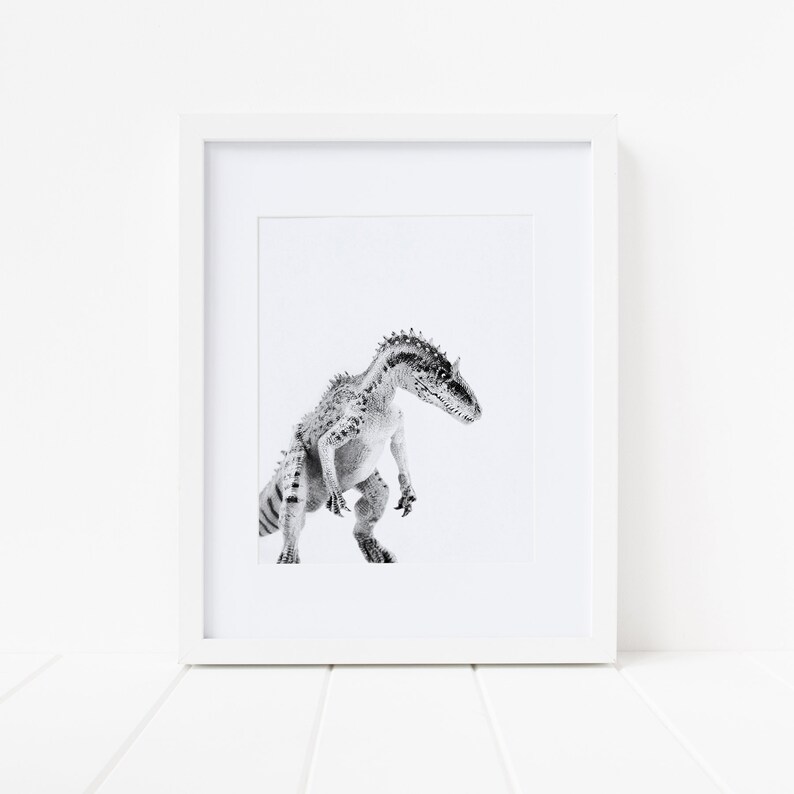 May include: Black and white photo of a dinosaur in a white frame. The dinosaur is standing on a white background.