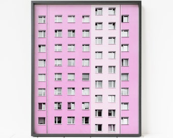 pink building print, architecture print, windows print, architecture wall art, urban decor