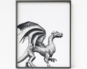 dragon print, dragon wall decor, dragon photograph, black and white dragon wall art
