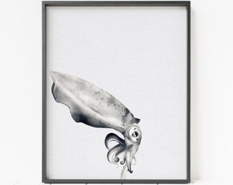 black and white squid print, cuttlefish decor, squid wall art, ocean decor, minimalist animal art
