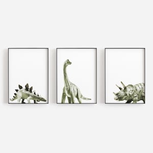 SET of THREE dinosaur prints, stegosaurus print, triceratops print, brontosaurus print, dinosaur nursery, printable wall art