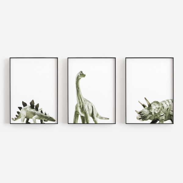 SET of THREE dinosaur prints, stegosaurus print, triceratops print, brontosaurus print, dinosaur nursery, printable wall art