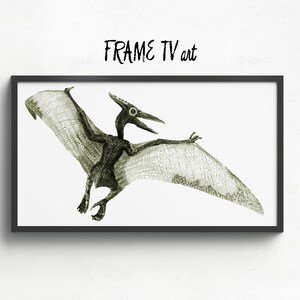 May include: A framed sepia-toned print of a Pterodactyl in flight. The artwork features a detailed illustration of the prehistoric creature with outstretched wings. The frame is black, and the text "FRAME TV art" is above the image.