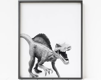 Spinosaurus Druck, Dinosaurier Druck, Schwarzweiß Dinosaurier Dekor, Dinosaurier Kinderzimmer Kunst