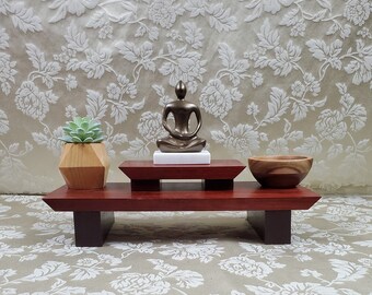 Buddhist Vermillion Wood Mini Altar with Hand Rubbed Oil finish and Dark Teak Stained Legs