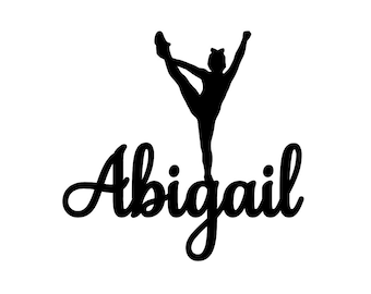 May include: Black silhouette of a gymnast in a split, with one leg extended upwards. The name "Abigail" is written in a cursive font below the gymnast. The background is plain white.