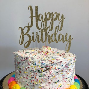 Happy birthday cake topper, glitter cake topper, birthday party decor, gold glitter centerpiece